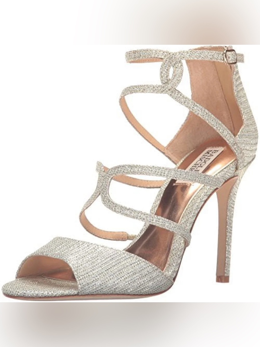 Badgley Mischka Devon strappy dress sandals silver glitter high heels sz 9.5